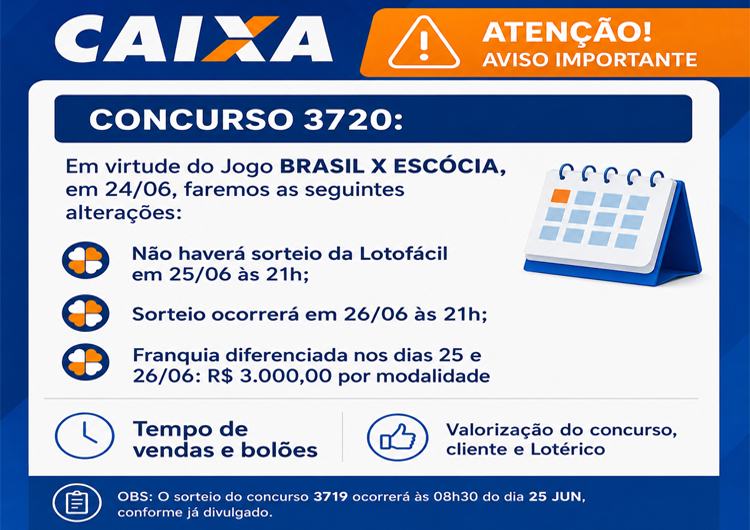 CAIXA altera calendário das loterias por causa de Brasil x Escócia na Copa
